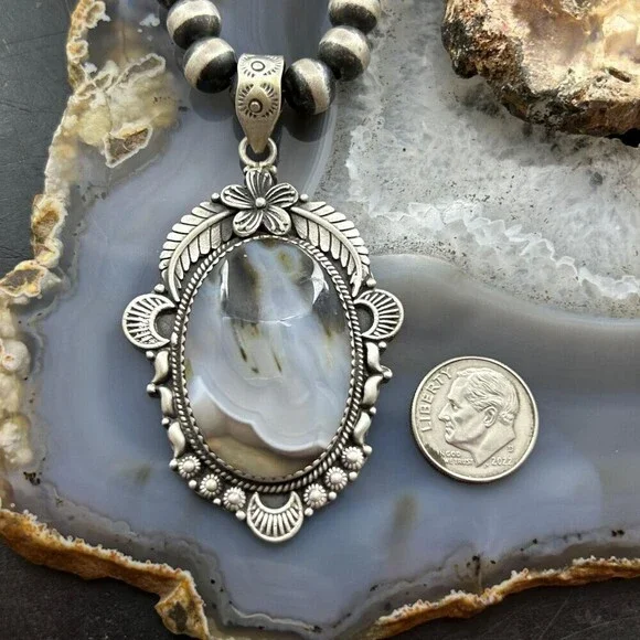 Sterling Southwestern Style Oval Moss Agate Tube Decorated Pendant For Women